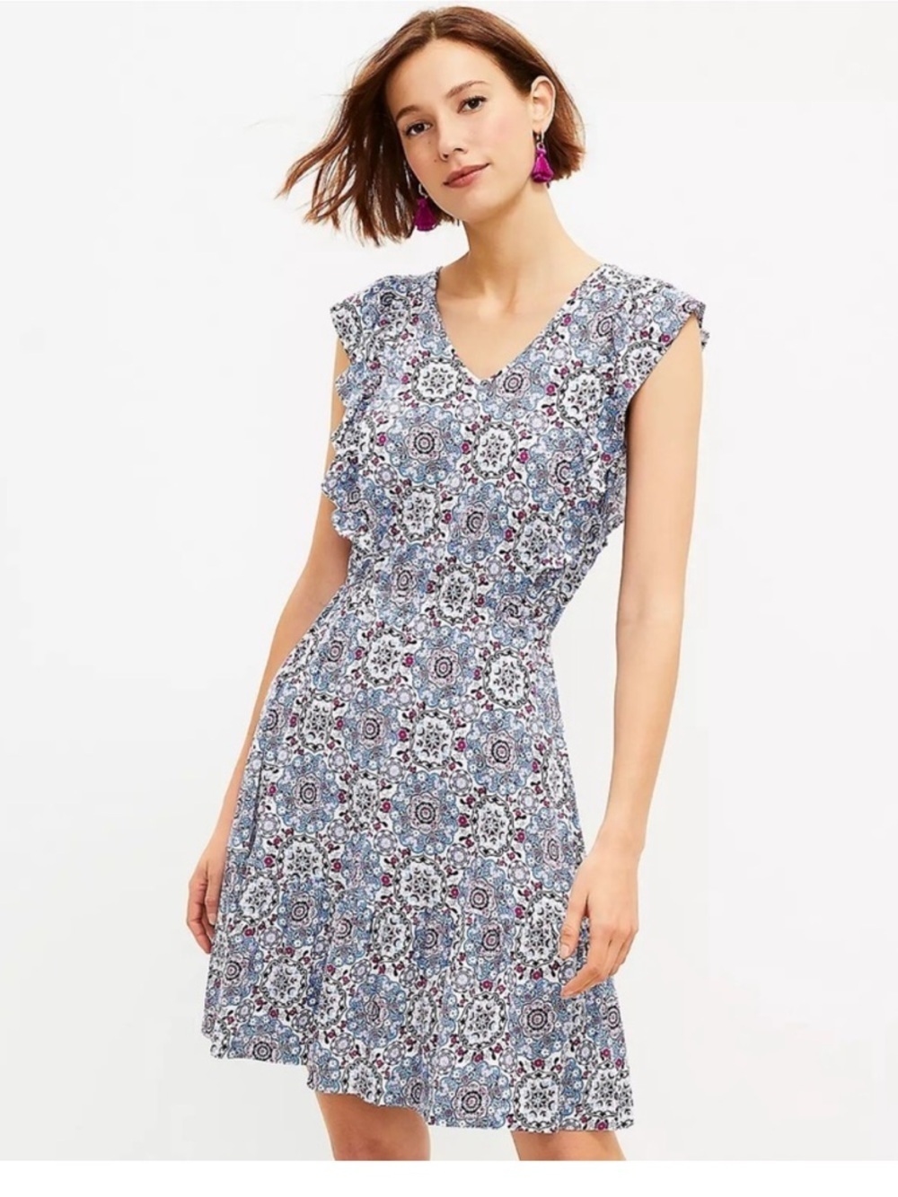 LOFT Medallion Ruffle Flare Mini Dress Size Small petite